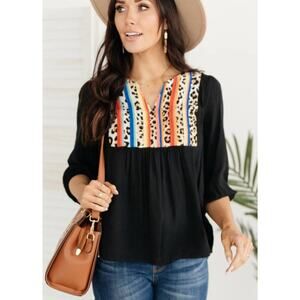 Savanna Jane Leopard & Serape Embroidered Top Women’s Size L Rainbow Peasant New